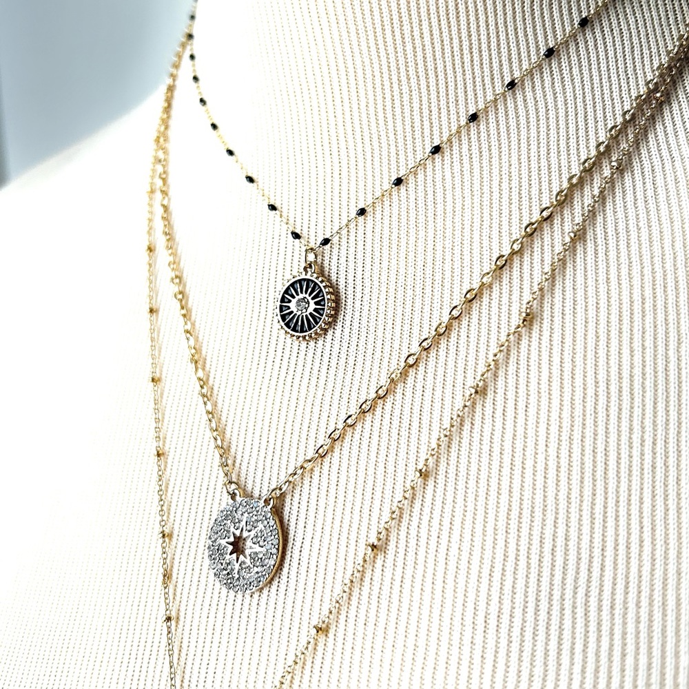 🍂3-Piece Necklace Set. Crescent Moon, Star, Evil Eye, Starburst. Black/Gold - Picture 4 of 8